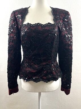 VTG Black Tie Oleg Cassini Sequin Lace Evening Blouse Size 8 VTG Designer